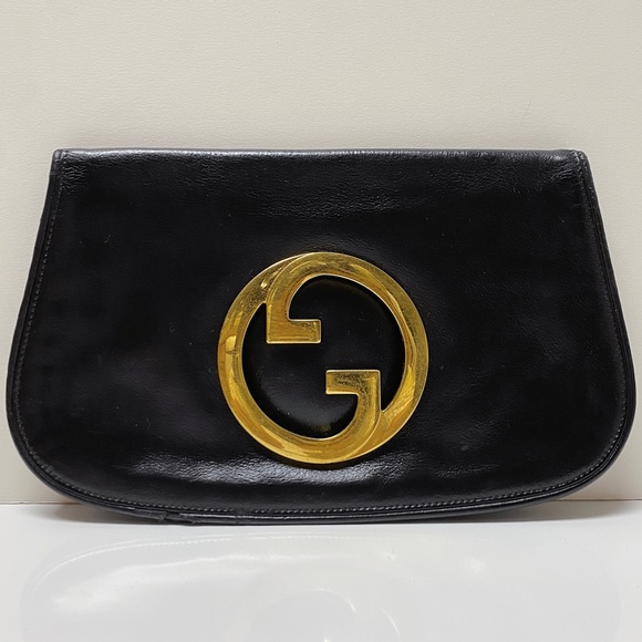 Gucci 1970’s Blondie Black Leather Gold Plated GG Logo Clutch Bag Italy - Picture 1 of 12